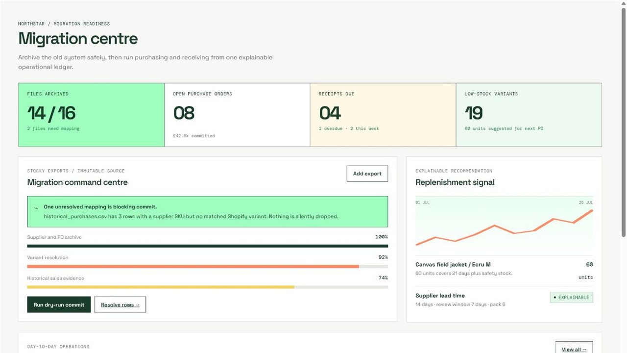StockPilot purchase order list with supplier, location and status badges