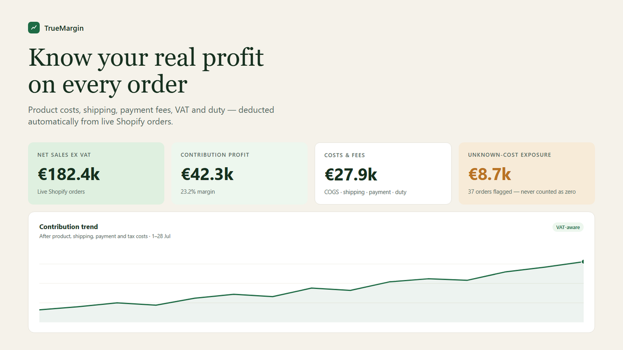 TrueMargin profitability dashboard for Shopify orders